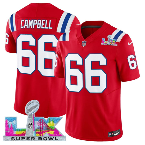 New England Patriots #66 Will Campbell Red 2025 F.U.S.E. Super Bowl LX Patch Vapor Limited Stitched Jersey