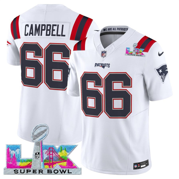 New England Patriots #66 Will Campbell White 2025 F.U.S.E. Super Bowl LX Patch Vapor Limited Stitched Jersey