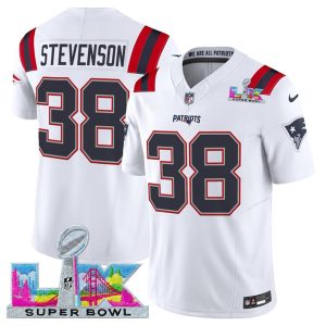 New England Patriots #38 Rhamondre Stevenson White 2025 F.U.S.E. Super Bowl LX Patch Vapor Limited Stitched Jersey