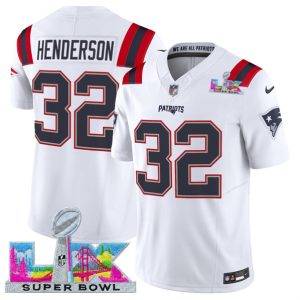 New England Patriots #32 TreVeyon Henderson White 2025 F.U.S.E. Super Bowl LX Patch Vapor Limited Stitched Jersey