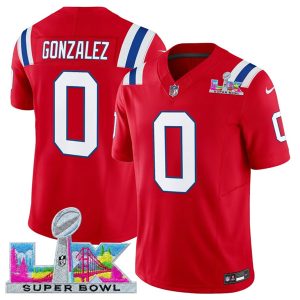 New England Patriots #0 Christian Gonzalez Red 2025 F.U.S.E. Super Bowl LX Patch Vapor Limited Stitched Jersey