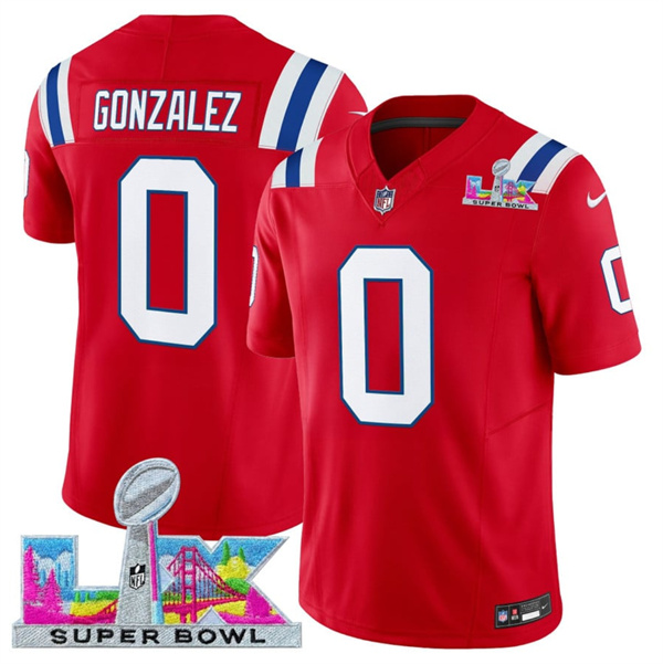 New England Patriots #0 Christian Gonzalez Red 2025 F.U.S.E. Super Bowl LX Patch Vapor Limited Stitched Jersey