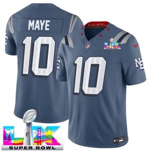 New England Patriots #10 Drake Maye Storm Blue 2025 F.U.S.E. Super Bowl LX Patch ¡°Rivalries¡± Vapor Limited Stitched Jersey