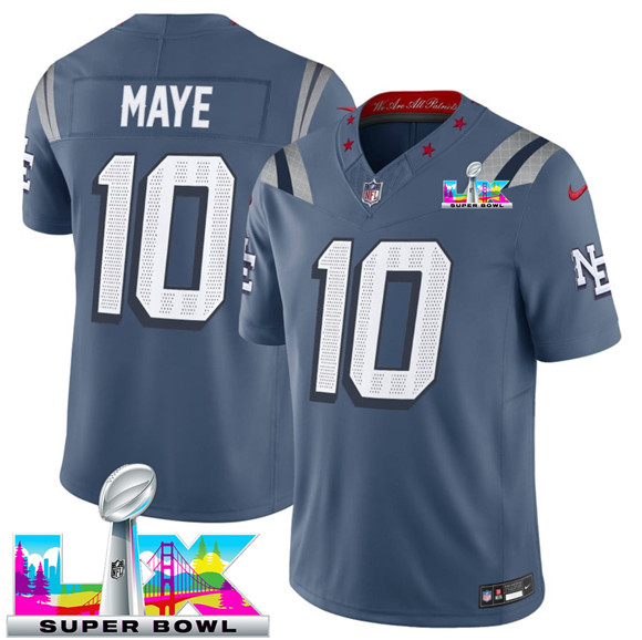 New England Patriots #10 Drake Maye Storm Blue 2025 F.U.S.E. Super Bowl LX Patch ¡°Rivalries¡± Vapor Limited Stitched Jersey