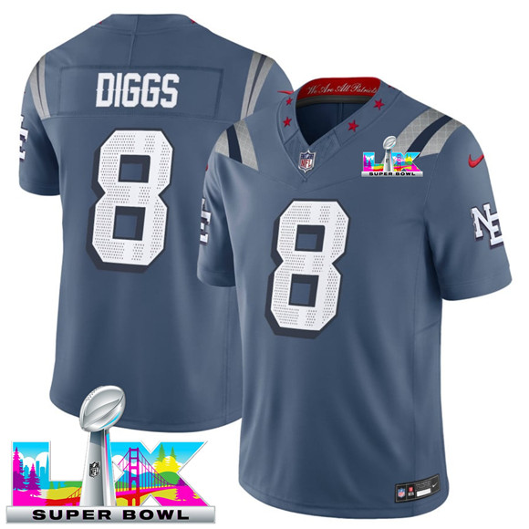 New England Patriots #8 Stefon Diggs Storm Blue 2025 F.U.S.E. Super Bowl LX Patch ¡°Rivalries¡± Vapor Limited Stitched Jersey