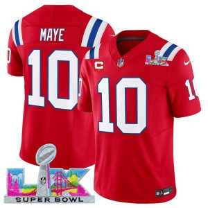 New England Patriots #10 Drake Maye Red 2025 F.U.S.E. Super Bowl LX Patch And 1-Star C Patch Vapor Limited Stitched Jersey