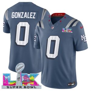 New England Patriots #0 Christian Gonzalez Storm Blue 2025 F.U.S.E. Super Bowl LX Patch ¡°Rivalries¡± Vapor Limited Stitched Jersey