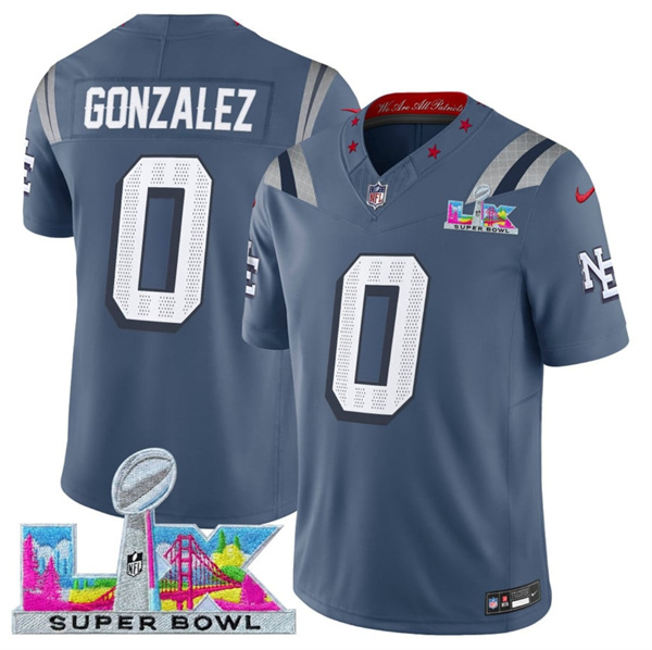 New England Patriots #0 Christian Gonzalez Storm Blue 2025 F.U.S.E. Super Bowl LX Patch ¡°Rivalries¡± Vapor Limited Stitched Jersey