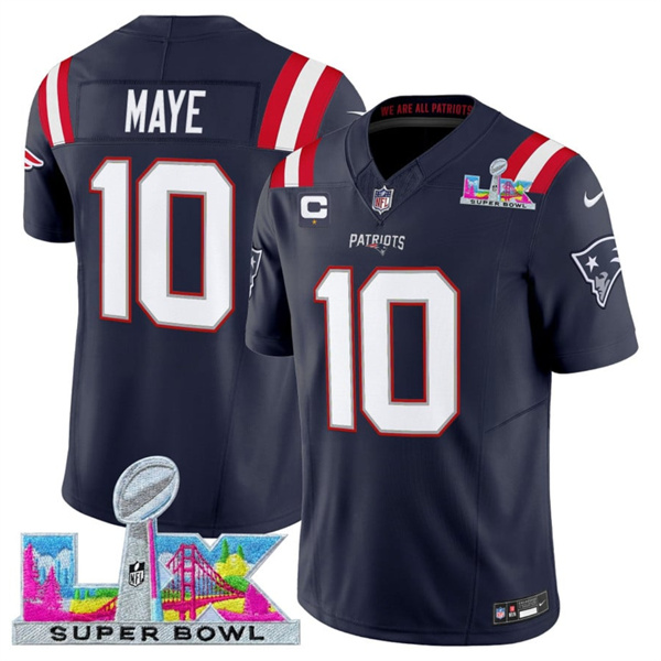 New England Patriots #10 Drake Maye Navy 2025 F.U.S.E. Super Bowl LX Patch And 1-Star C Patch Vapor Limited Stitched Jersey