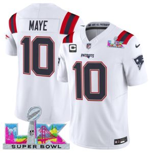 New England Patriots #10 Drake Maye White 2025 F.U.S.E. Super Bowl LX Patch And 1-Star C Patch Vapor Limited Stitched Jersey