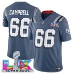 New England Patriots #66 Will Campbell Storm Blue 2025 F.U.S.E. Super Bowl LX Patch ¡°Rivalries¡± Vapor Limited Stitched Jersey