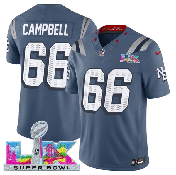 New England Patriots #66 Will Campbell Storm Blue 2025 F.U.S.E. Super Bowl LX Patch ¡°Rivalries¡± Vapor Limited Stitched Jersey