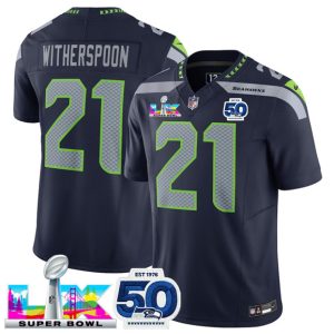 Seattle Seahawks #21 Devon Witherspoon Navy 2025 F.U.S.E. Super Bowl LX Patch And 50th Season Patch Vapor Limited Stitched Jersey