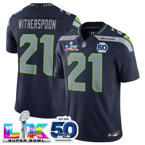 Seattle Seahawks #21 Devon Witherspoon Navy 2025 F.U.S.E. Super Bowl LX Patch And 50th Season Patch Vapor Limited Stitched Jersey