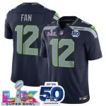 Seattle Seahawks #12 Fan Navy 2025 F.U.S.E. Super Bowl LX Patch And 50th Season Patch Vapor Limited Stitched Jersey
