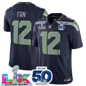 Seattle Seahawks #12 Fan Navy 2025 F.U.S.E. Super Bowl LX Patch And 50th Season Patch Vapor Limited Stitched Jersey