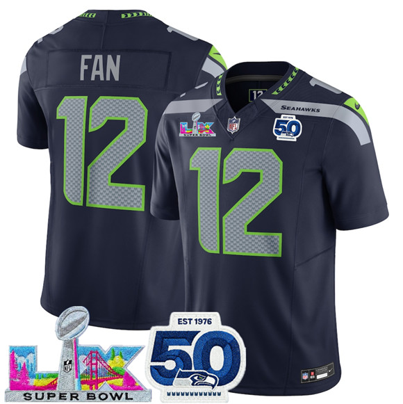 Seattle Seahawks #12 Fan Navy 2025 F.U.S.E. Super Bowl LX Patch And 50th Season Patch Vapor Limited Stitched Jersey