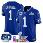 Seattle Seahawks #1 Pete Carroll Royal 2025 F.U.S.E. Super Bowl LX Patch And 50th Season Patch Vapor Throwback Limited Stitched Jersey