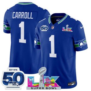 Seattle Seahawks #1 Pete Carroll Royal 2025 F.U.S.E. Super Bowl LX Patch And 50th Season Patch Vapor Throwback Limited Stitched Jersey