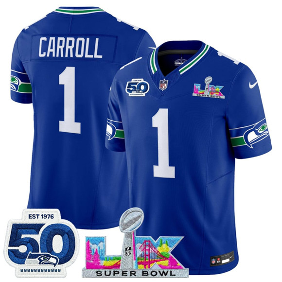 Seattle Seahawks #1 Pete Carroll Royal 2025 F.U.S.E. Super Bowl LX Patch And 50th Season Patch Vapor Throwback Limited Stitched Jersey