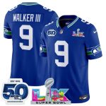 Seattle Seahawks #9 Kenneth Walker III Royal 2025 F.U.S.E. Super Bowl LX Patch And 50th Season Patch Vapor Throwback Limited Stitched Jersey