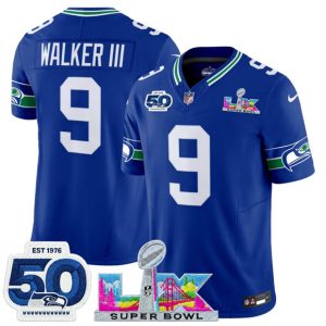 Seattle Seahawks #9 Kenneth Walker III Royal 2025 F.U.S.E. Super Bowl LX Patch And 50th Season Patch Vapor Throwback Limited Stitched Jersey
