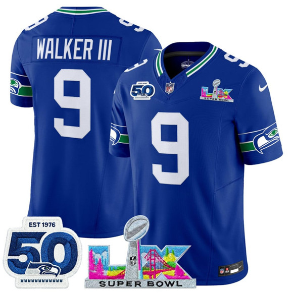 Seattle Seahawks #9 Kenneth Walker III Royal 2025 F.U.S.E. Super Bowl LX Patch And 50th Season Patch Vapor Throwback Limited Stitched Jersey