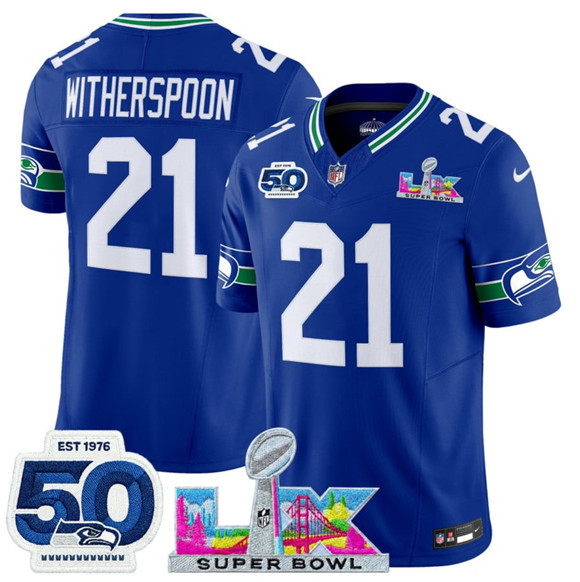 Seattle Seahawks #21 Devon Witherspoon Royal 2025 F.U.S.E. Super Bowl LX Patch And 50th Season Patch Vapor Throwback Limited Stitched Jersey