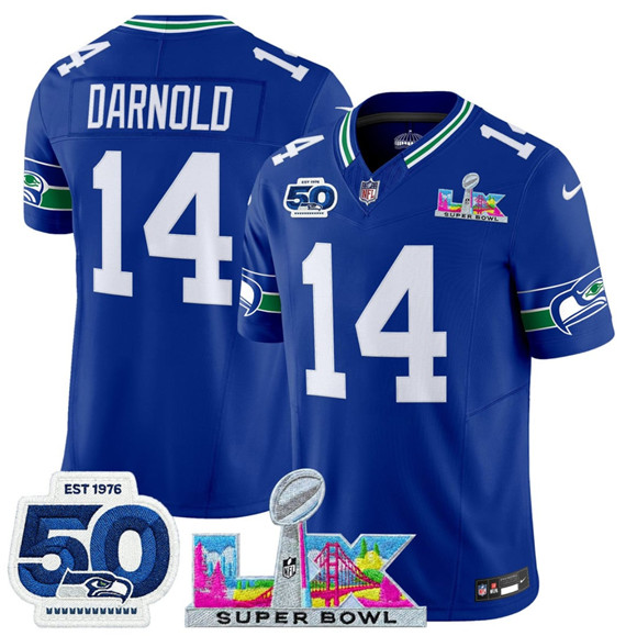 Seattle Seahawks #14 Sam Darnold Royal 2025 F.U.S.E. Super Bowl LX Patch And 50th Season Patch Vapor Throwback Limited Stitched Jersey