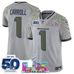 Seattle Seahawks #1 Pete Carroll Gray 2025 F.U.S.E. Super Bowl LX Patch And 50th Season Patch ¡°Rivalries¡± Vapor Limited Stitched Jersey
