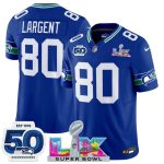 Seattle Seahawks #80 Steve Largent Royal 2025 F.U.S.E. Super Bowl LX Patch And 50th Season Patch Vapor Throwback Limited Stitched Jersey
