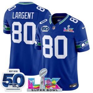 Seattle Seahawks #80 Steve Largent Royal 2025 F.U.S.E. Super Bowl LX Patch And 50th Season Patch Vapor Throwback Limited Stitched Jersey