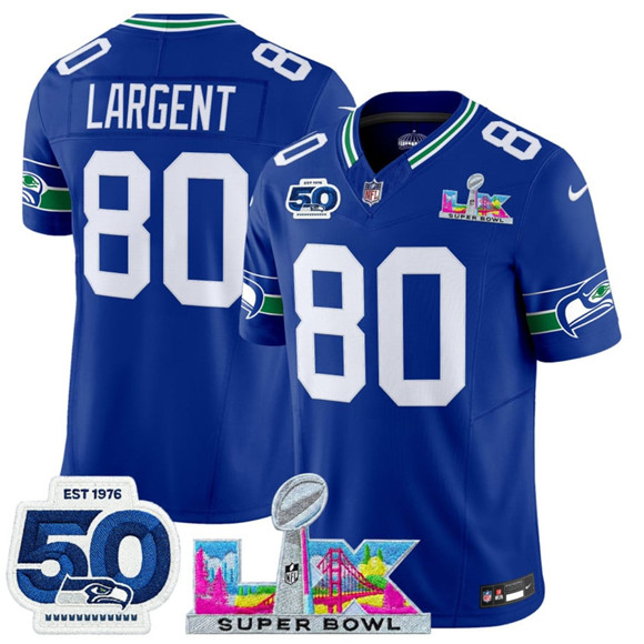 Seattle Seahawks #80 Steve Largent Royal 2025 F.U.S.E. Super Bowl LX Patch And 50th Season Patch Vapor Throwback Limited Stitched Jersey