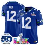 Seattle Seahawks #12 Fan Royal 2025 F.U.S.E. Super Bowl LX Patch And 50th Season Patch Vapor Throwback Limited Stitched Jersey