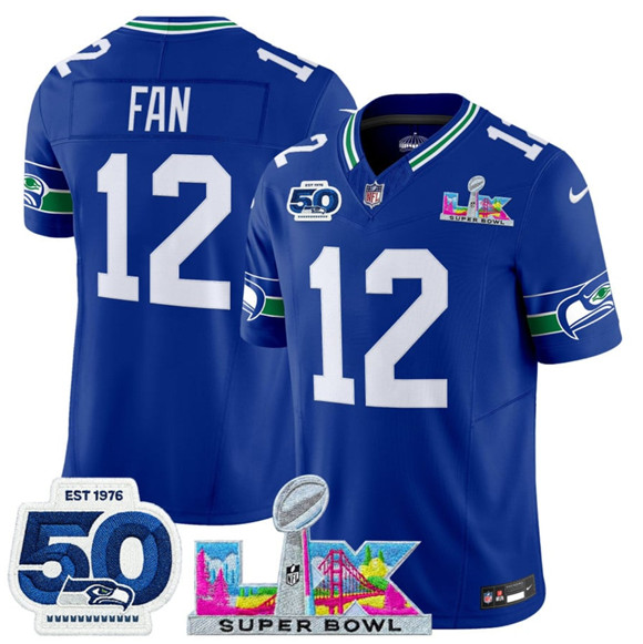 Seattle Seahawks #12 Fan Royal 2025 F.U.S.E. Super Bowl LX Patch And 50th Season Patch Vapor Throwback Limited Stitched Jersey