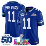 Seattle Seahawks #11 Jaxon Smith-Njigba Royal 2025 F.U.S.E. Super Bowl LX Patch And 50th Season Patch Vapor Throwback Limited Stitched Jersey