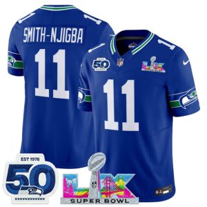 Seattle Seahawks #11 Jaxon Smith-Njigba Royal 2025 F.U.S.E. Super Bowl LX Patch And 50th Season Patch Vapor Throwback Limited Stitched Jersey