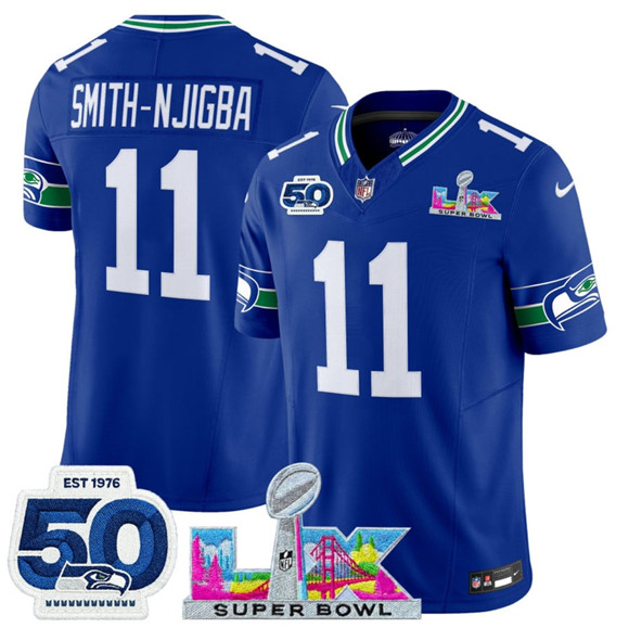 Seattle Seahawks #11 Jaxon Smith-Njigba Royal 2025 F.U.S.E. Super Bowl LX Patch And 50th Season Patch Vapor Throwback Limited Stitched Jersey