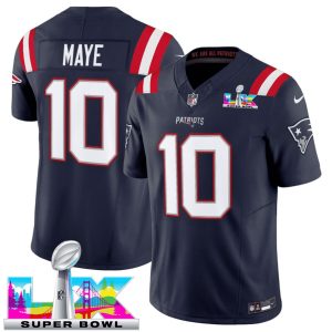 New England Patriots #10 Drake Maye Navy 2025 F.U.S.E. Super Bowl LX Patch Vapor Limited Stitched Jersey