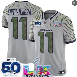 Seattle Seahawks #11 Jaxon Smith-Njigba Gray 2025 F.U.S.E. Super Bowl LX Patch And 50th Season Patch ¡°Rivalries¡± Vapor Limited Stitched Jersey