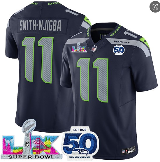 Seattle Seahawks #11 Jaxon Smith-Njigba Navy 2025 F.U.S.E. Super Bowl LX Patch And 50th Season Patch Vapor Limited Stitched Jersey