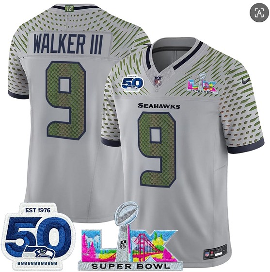 Seattle Seahawks #9 Kenneth Walker III Gray 2025 F.U.S.E. Super Bowl LX Patch And 50th Season Patch ¡°Rivalries¡± Vapor Limited Stitched Jersey