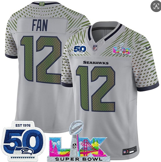 Seattle Seahawks #12 Fan Gray 2025 F.U.S.E. Super Bowl LX Patch And 50th Season Patch ¡°Rivalries¡± Vapor Limited Stitched Jersey
