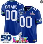 Seattle Seahawks Custom Royal 2025 F.U.S.E. Super Bowl LX Patch And 50th Season Patch Vapor Throwback Limited Stitched Jersey