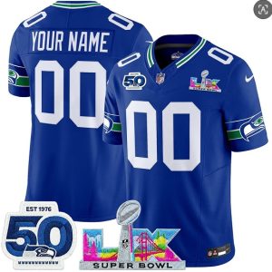 Seattle Seahawks Custom Royal 2025 F.U.S.E. Super Bowl LX Patch And 50th Season Patch Vapor Throwback Limited Stitched Jersey