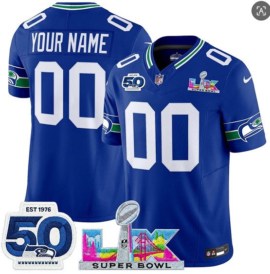 Seattle Seahawks Custom Royal 2025 F.U.S.E. Super Bowl LX Patch And 50th Season Patch Vapor Throwback Limited Stitched Jersey