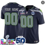Seattle Seahawks Custom Navy 2025 F.U.S.E. Super Bowl LX Patch And 50th Season Patch Vapor Limited Stitched Jersey