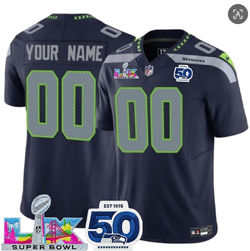 Seattle Seahawks Custom Navy 2025 F.U.S.E. Super Bowl LX Patch And 50th Season Patch Vapor Limited Stitched Jersey