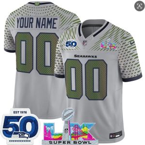 Seattle Seahawks Custom Gray 2025 F.U.S.E. Super Bowl LX Patch And 50th Season Patch ¡°Rivalries¡± Vapor Limited Stitched Jersey