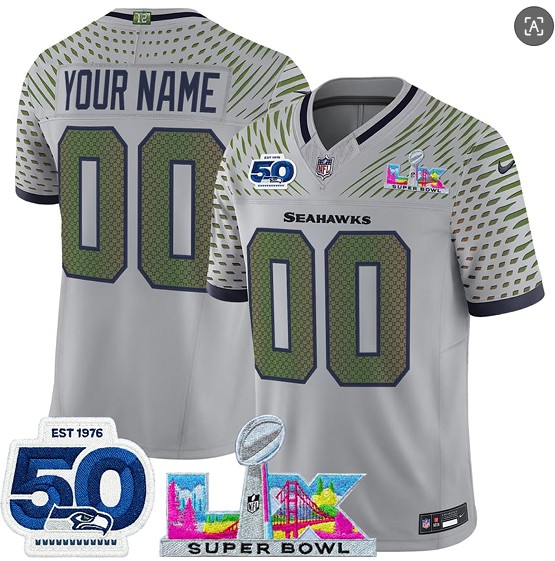 Seattle Seahawks Custom Gray 2025 F.U.S.E. Super Bowl LX Patch And 50th Season Patch ¡°Rivalries¡± Vapor Limited Stitched Jersey